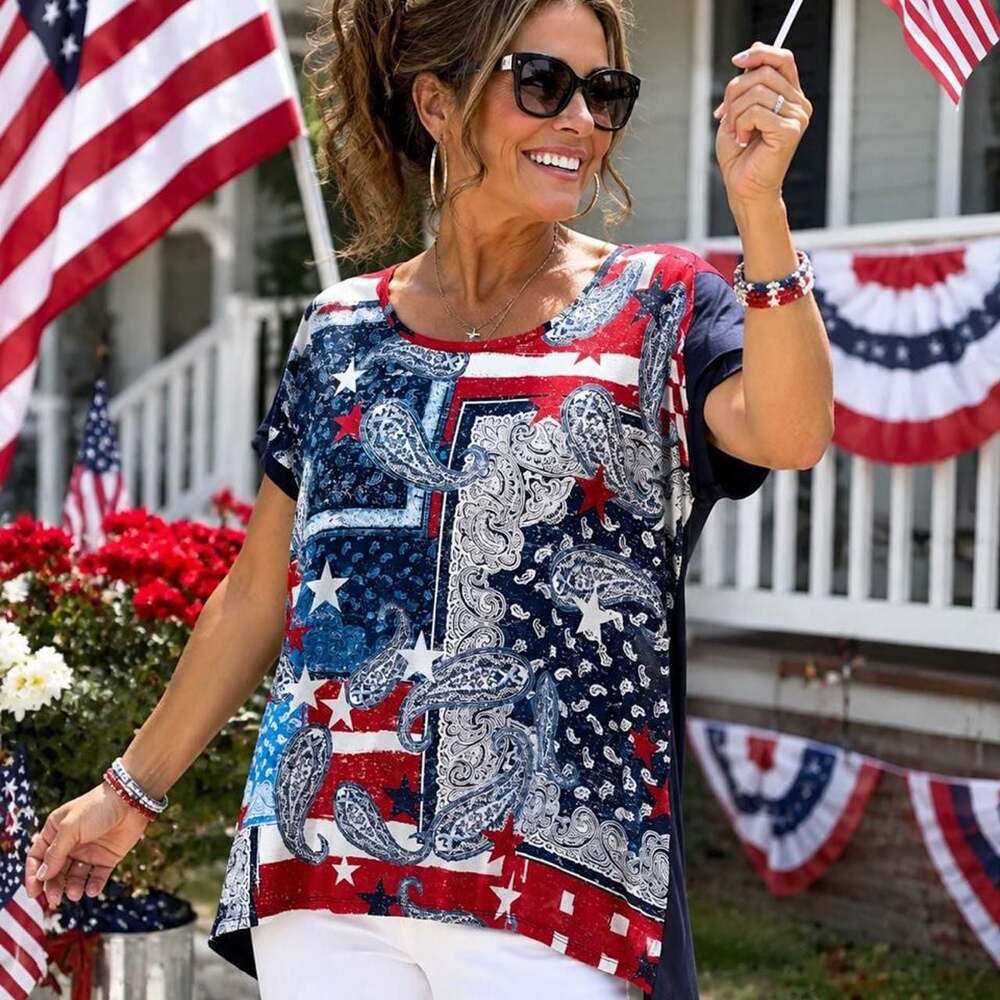 Westport Patriotic Flag Paisley Patchwork Tunic Top Size L